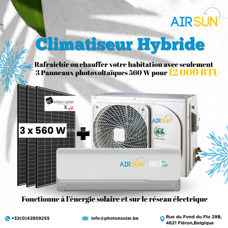 KIT CLIMATISEUR HYBRIDE AIRSUN 12 000 BTU + 3 PANNEAUX SOLAIRES 560W