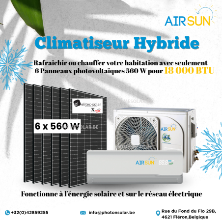 KIT CLIMATISEUR HYBRIDE AIRSUN 18 000 BTU + 6 PANNEAUX SOLAIRES 560W