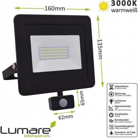 LUMARO projecteur LED 30W avec détecteur IP68 2400Lumens